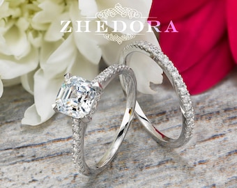 Asscher Cut Engagement Ring Set in 14k/18k White Gold, Asscher Cut Moissanite, Moissanite Asscher Ring, Forever One Asscher Cut Bridal Set