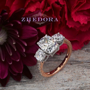 Elongated Cushion Cut Moissanite Engagement Ring Rose & White Gold, Cushion Cut Ring, Past Present Future Ring, Meghan&#39;s Engagement Ring