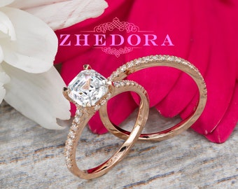 Moissanite Asscher Cut Engagement Ring Set in 14k/18k Rose Gold, Asscher Shape Ring, Forever One Asscher Cut Bridal Set, Rose Gold Asscher