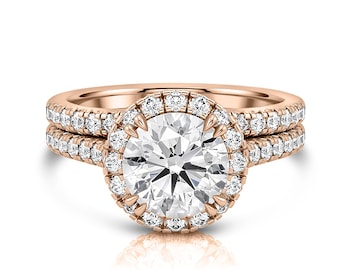 Rose Gold Lab Grown Diamond Wedding Set, Lab Grown Engagement Ring, Halo Gold Wedding Set, Round Cut Lab Diamond Ring with a Halo, Zhedora