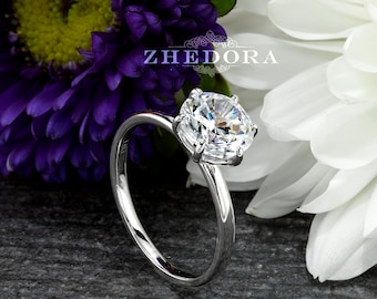 White Gold 2 CT Round Moissanite Engagement Ring 14/18k , Dainty Ring , Forever One Engagement Ring, 6 Prong Ring, 8mm Round Ring, Zhedora