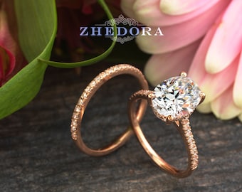 Hidden Halo Oval Engagement Ring Set 14k/18k Rose Gold , Moissanite Oval Engagement Set, Forever One Bridal Set, Oval Bridal Set, Zhedora
