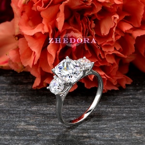 Elongated Cushion Engagement Ring,  Cushion Diamond Ring Simulated , Meghan Ring, Three Stone Ring / Anniversary Ring / White Gold Ring