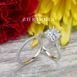 Cushion Bridal Set in 14k 18k White Gold, Cushion Cut Moissanite , White Sapphire Cushion Ring, Forever One Cushion Cut Moissanite, Zhedora