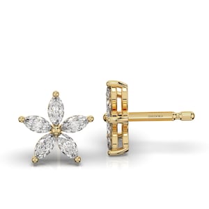 Gold Diamond Earrings / 14k Solid Gold Marquise Floral Studs / Marquise Cut Diamond Earrings / Minimalist Flower Earrings / Bridal Jewelry
