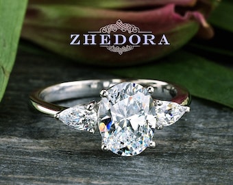 White Gold Oval with Pear Engagement Ring, Oval Engagement Ring, Oval Cut Engagement Ring, Forever One Oval Ring, Unique Engagement Ring
