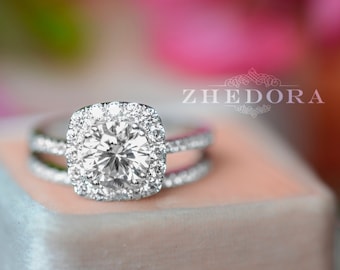 Solid White Gold Engagement Ring For Her | Wedding Set | Real Gold Engagement Ring | Anniversary Ring Set | Moissanite Ring | Zhedora