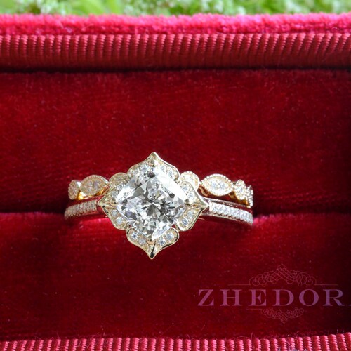 Cushion Cut Bridal Set in 14K/18K White Gold Moissanite Etsy