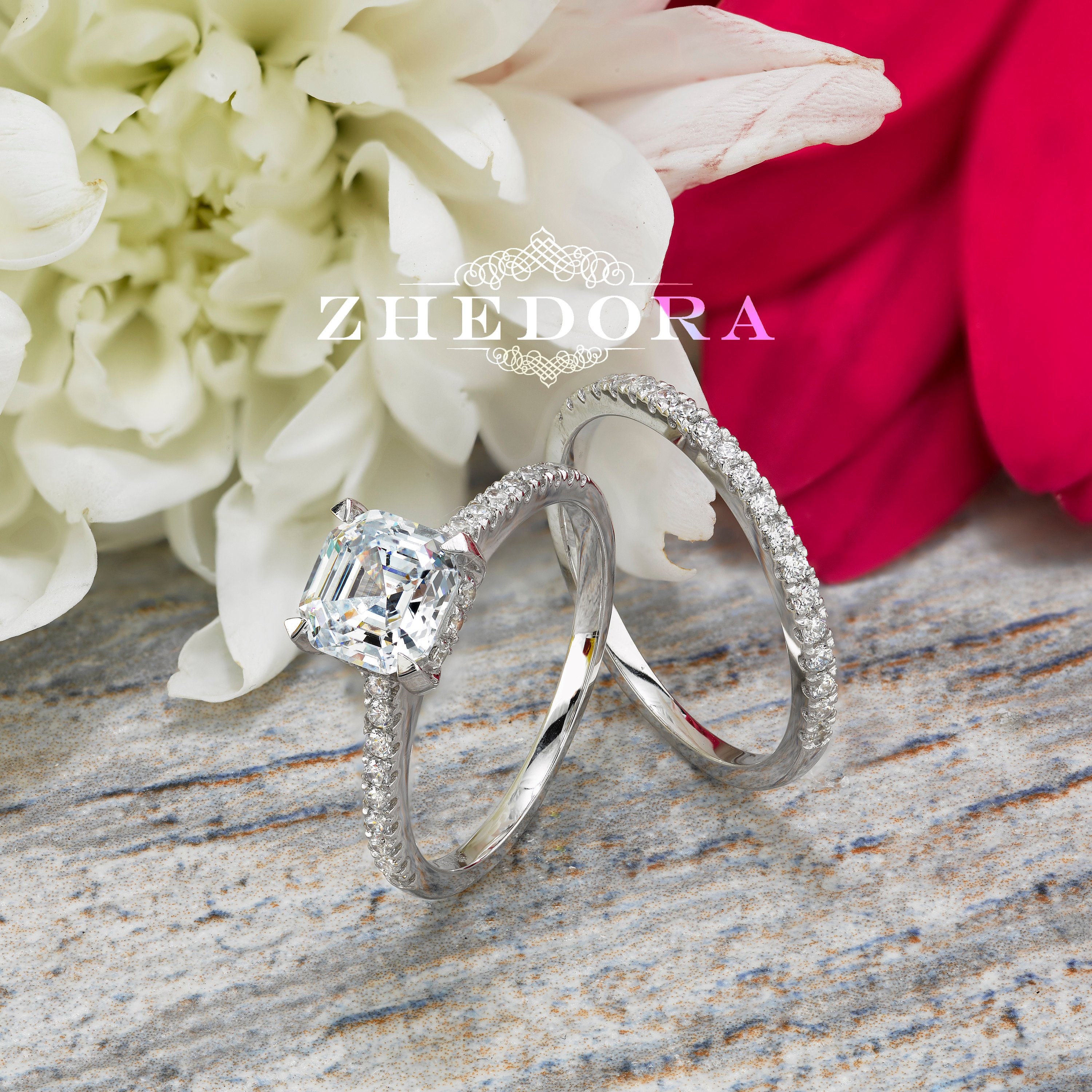 Asscher Cut Engagement Ring Set in 14k/18k White Gold Asscher Etsy