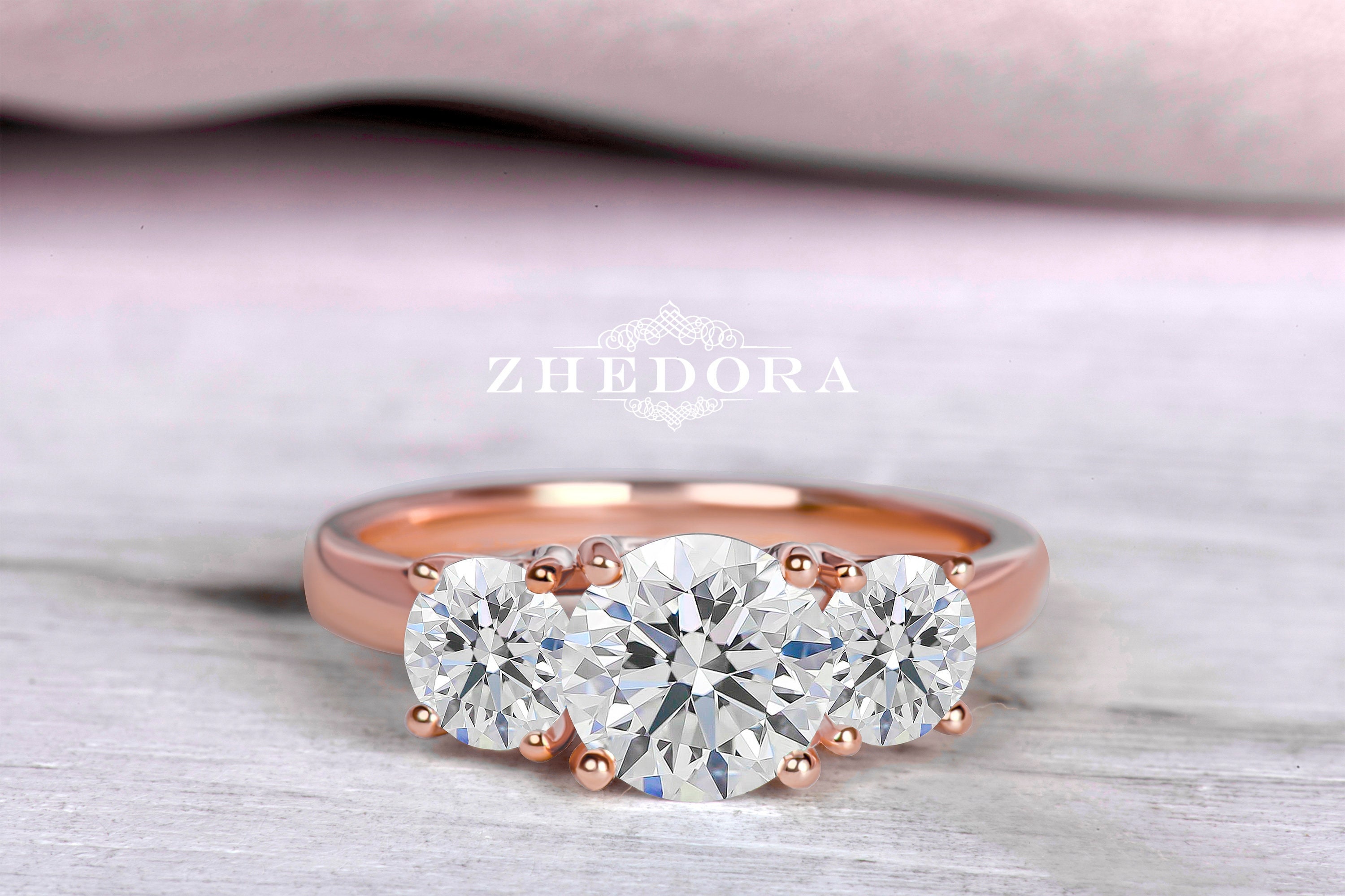 Three Stone Engagement Ring Rose Gold, Past Present Future Ring, Wedding Ring, Moissanite Engagement Rings, Anniversary Ring, Gift For her