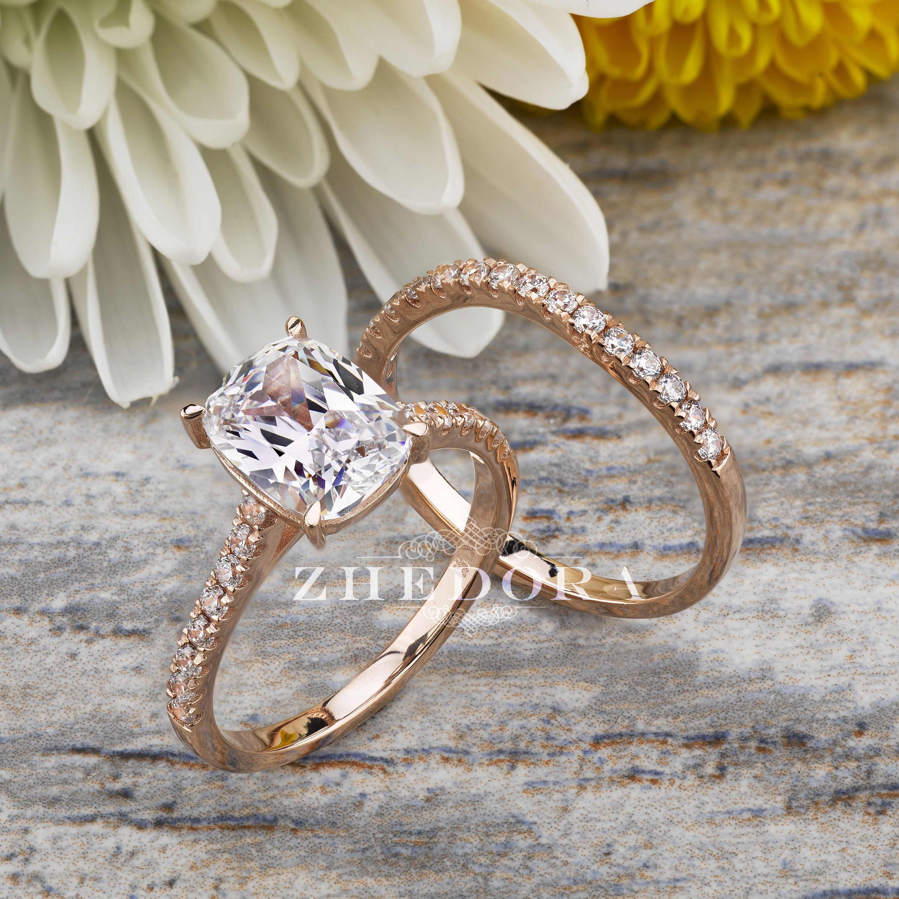 Rose Gold Elongated Cushion Bridal Set 14k18k Simulated Diamond Ring 