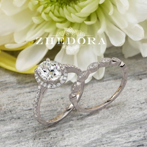 Art Deco Wedding set with Halo Oval Cut Bridal Ring in 14K or 18k Solid White Gold Engagement Ring Set made by Zhedora