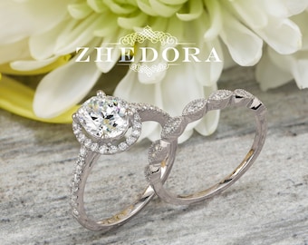 Art Deco Wedding set with Halo Oval Cut Bridal Ring in 14K or 18k Solid White Gold Engagement Ring Set made by Zhedora