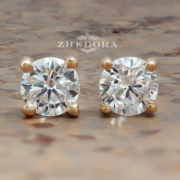 1 CT Round Earrings Studs Solid 14K Rose Gold Brilliant Screw Back Basket , Unique Earring, Bridal Earring by Zhedora