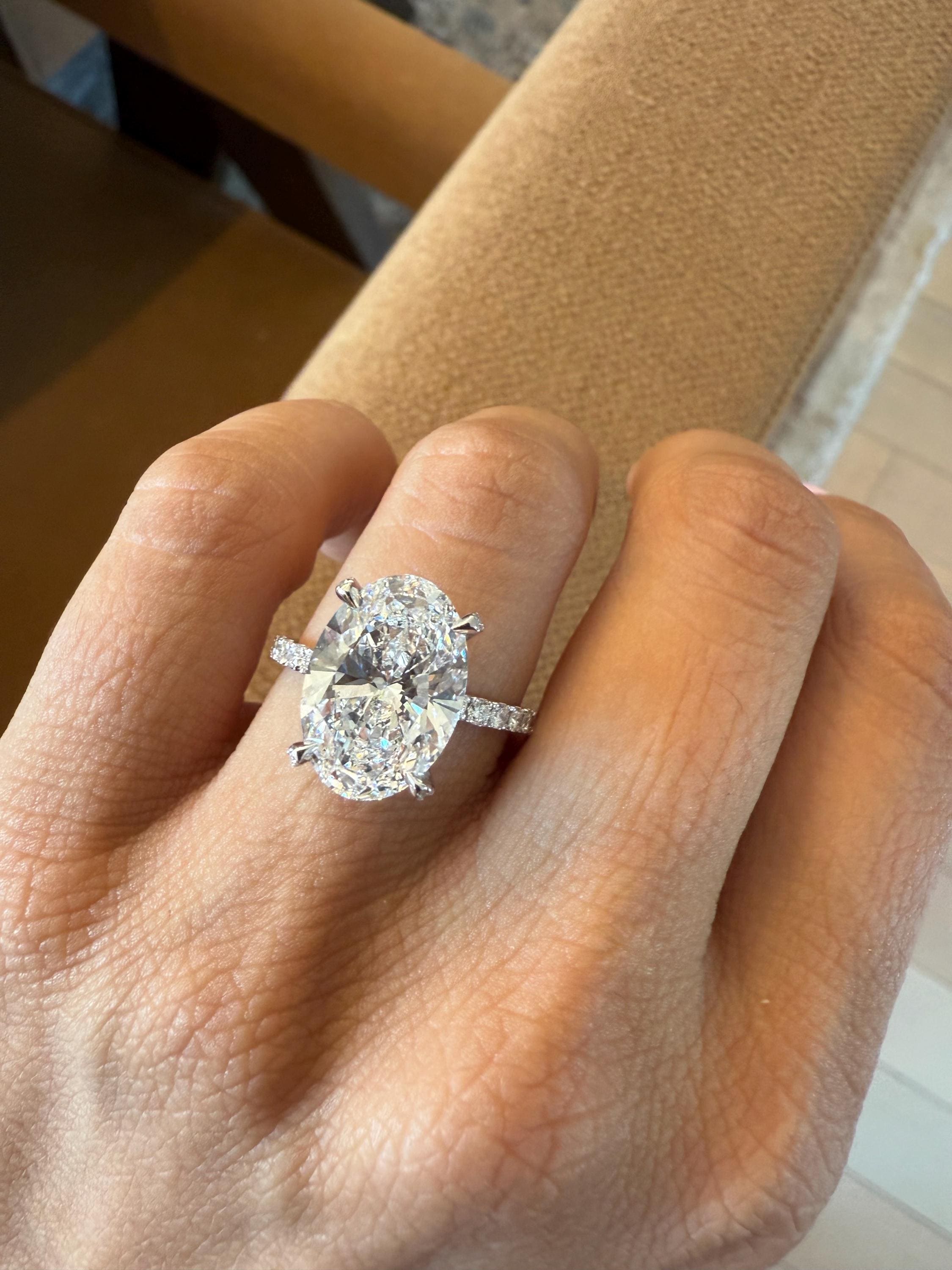 Oval Lab Diamond Ring with Hidden Halo 5.5 CT | IGI Certified E/F VS1/2 Large Lab Grown Diamond Ring | Celebrity Style Diamond Ring