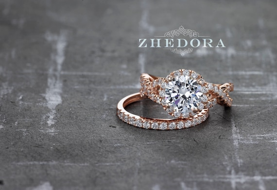 Rose Gold Wedding Set Round Cut Engagement Ring Engagement