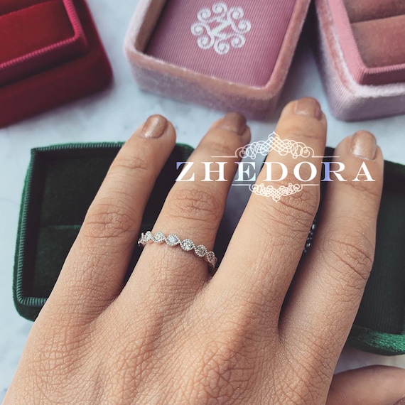 Milgrain Wedding Band, Gold Stackable Band, Moissanite Wedding