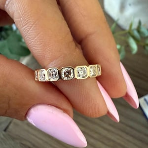Gold Asscher Cut Half Eternity Band Bezel Setting | Moissanite or Lab Diamond Ring | Stacking Band | Minimalist Wedding Ring | Custom Ring