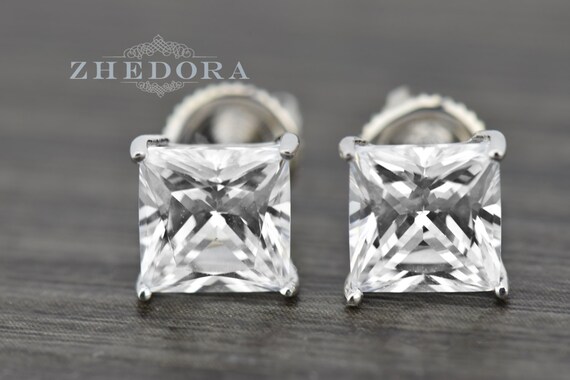 6MM Princess Cut Diamond Square Stud Earrings 14k White Gold VVS1 Valentine Gift