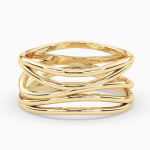 Gold Crossover Ring /  Solid Gold Fashion Ring / Highway Ring / Wrap Around Ring / 14K Solid Gold Band / Gifts For Her / Statement Ring