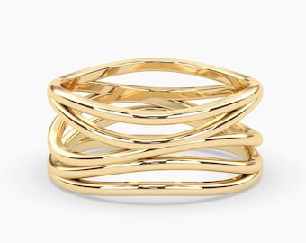 Gold Crossover Ring /  Solid Gold Fashion Ring / Highway Ring / Wrap Around Ring / 14K Solid Gold Band / Gifts For Her / Statement Ring