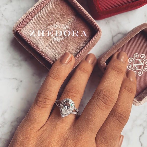 White Gold Pear Cut Engagement Ring, Split Shank Pear Ring, Moissanite Pear Ring ,Halo Pear Ring, Forever One Pear Engagement Ring Zhedora
