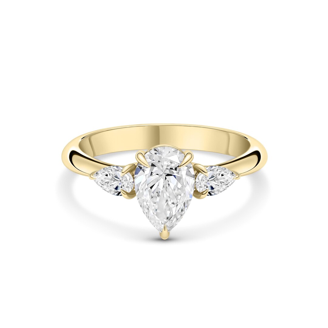 Three Stone Pear Cut Engagement Ring , Pear Diamond Ring, Three Stone ...