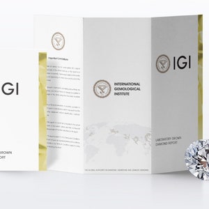 May include: A white IGI Laboratory Grown Diamond Report with a gold border and a clear diamond on a white surface.