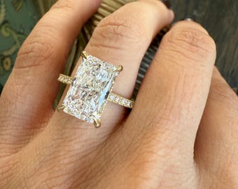 Radiant Cut Lab Diamond Ring , 5 CT E VS1 Lab Grown Diamond Engagement Ring Yellow Gold