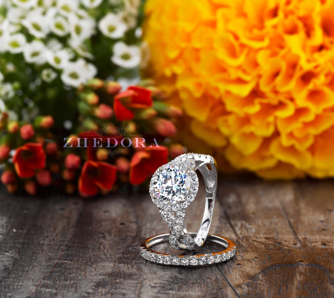 Round Cut Engagement Ring Set 14k/18k White Gold, Round Cut Round Cut Engagement Ring Set 14k/18k White Gold, Round Cut