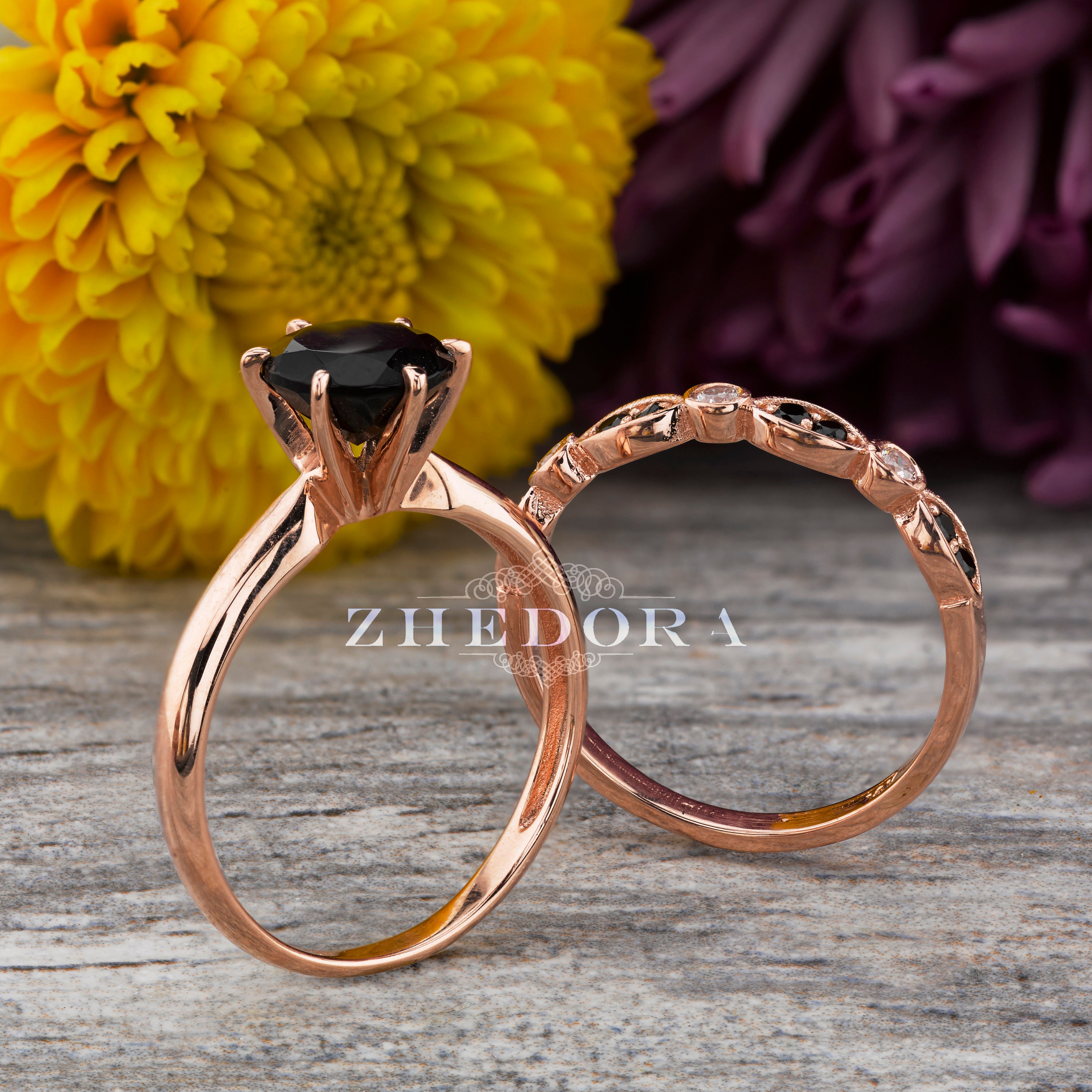 Black Spinel Engagement Ring Set , Rose Gold Wedding Set , Black