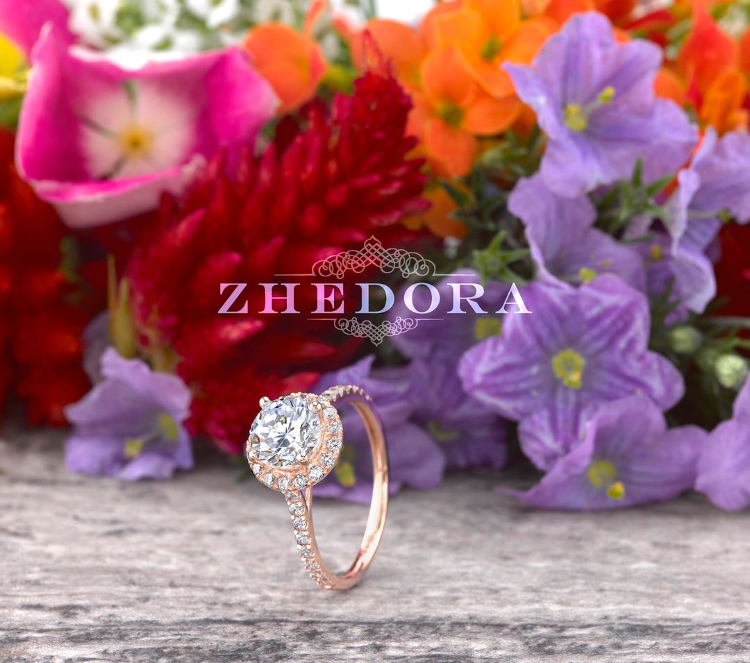 Forever One Round Halo Engagement Ring in 14/18K Rose Gold, White Sapphire Engagement Ring