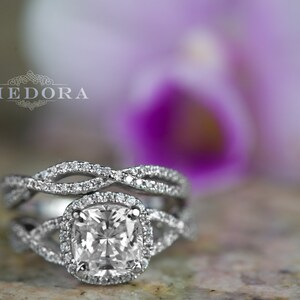 3.25 CT Cushion Cut Engagement Ring in Solid 14k/18k White Gold, Cushion Wedding Set, Twisted Engagement Set, Forever One Cushion Cut Ring image 4