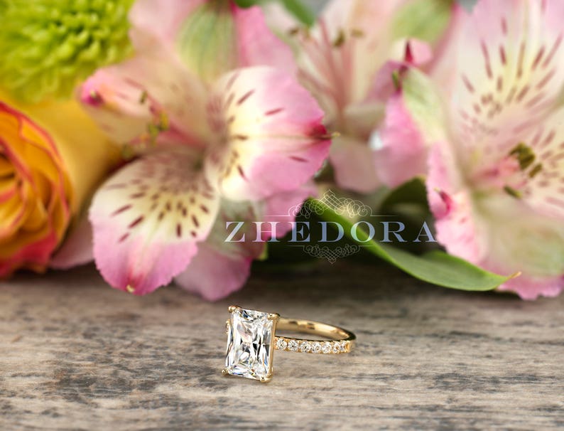 Yellow Gold Radiant Cut Wedding Set , Radiant Bridal Set, Moissanite Radiant Cut Bridal Set, Moissanite bridal Set, Yellow Gold Zhedora image 2