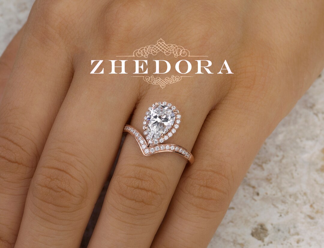 Rose Gold Chevron Pear Cut Engagement Ring, Pear Wedding Ring, Pear - Chevron Wedding Band With Engagement Ring