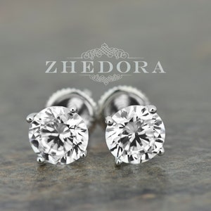 2.0 CT Round Screw back Stud Earrings in 14k white gold, White Gold Stud Earrings, White Sapphire Stud Earrings, Moissanite Earrings Zhedora image 2