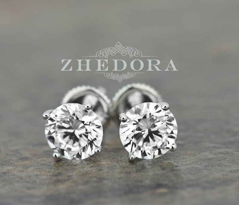 2.0 CT Round Screw back Stud Earrings in 14k white gold, White Gold Stud Earrings, White Sapphire Stud Earrings, Moissanite Earrings Zhedora image 2