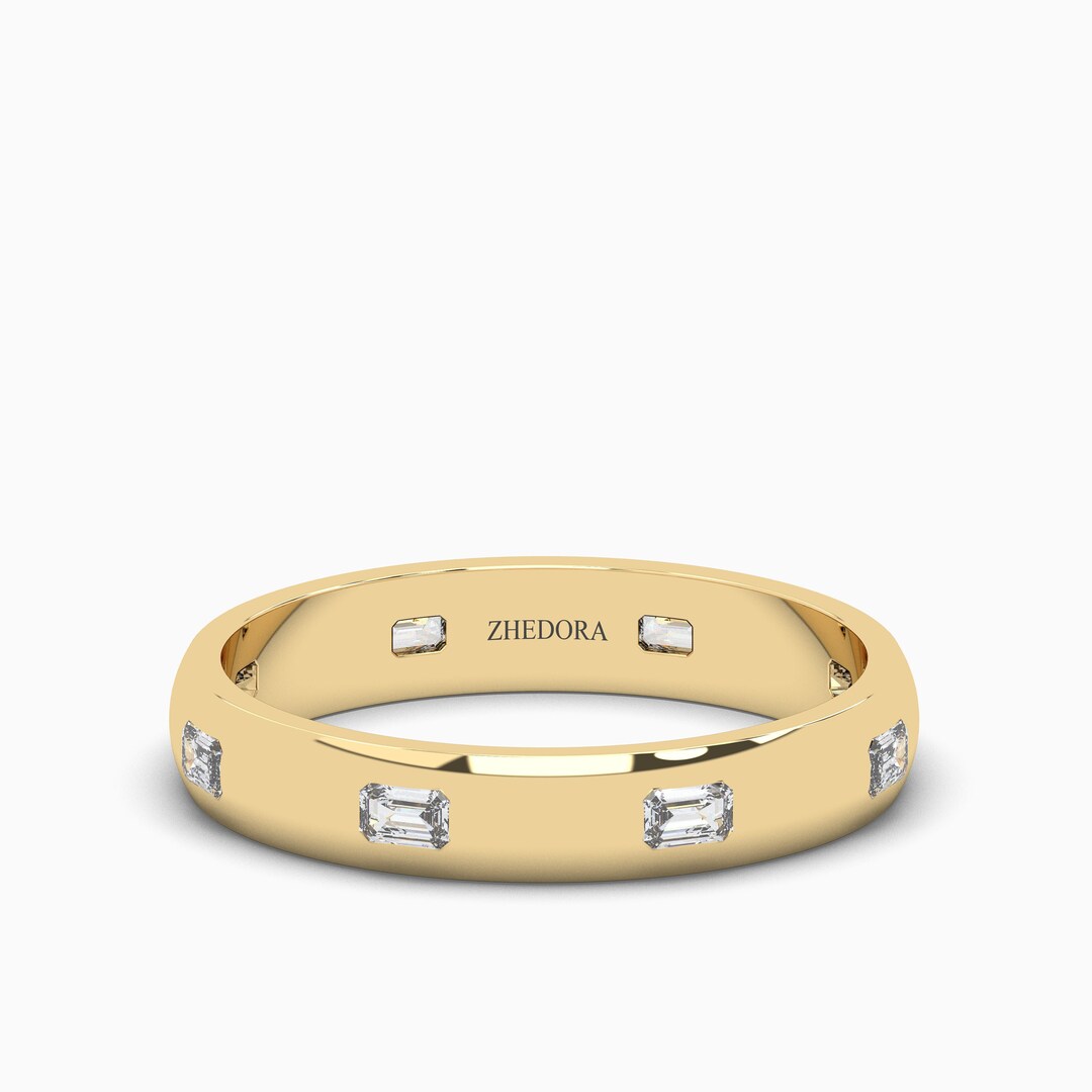 Emerald Cut Inlay Gold Diamond Eternity Band, Emerald Cut Solid Gold ...