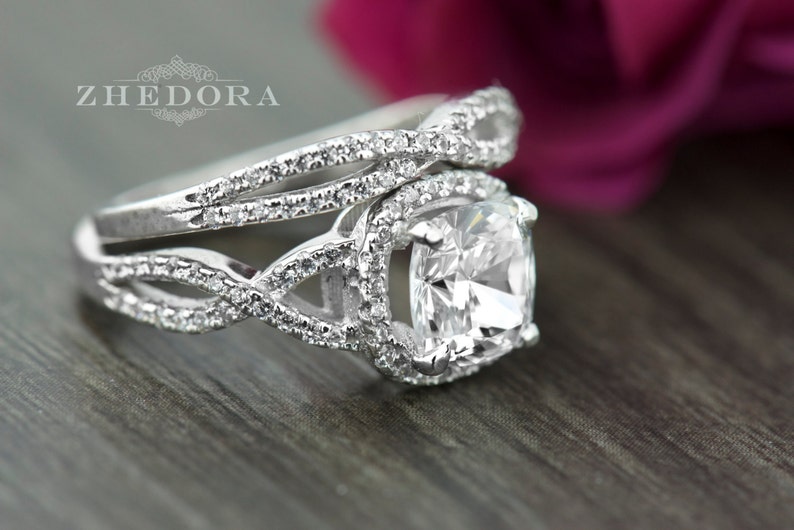 3.25 CT Cushion Cut Engagement Ring in Solid 14k/18k White Gold, Cushion Wedding Set, Twisted Engagement Set, Forever One Cushion Cut Ring image 3