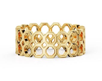 Double Stacked Gold Hexagon Ring, Hexagon Eternity Band, Honeycomb Ring, Stackable Band, Geometric Band, Statement Ring, Minimalist Band