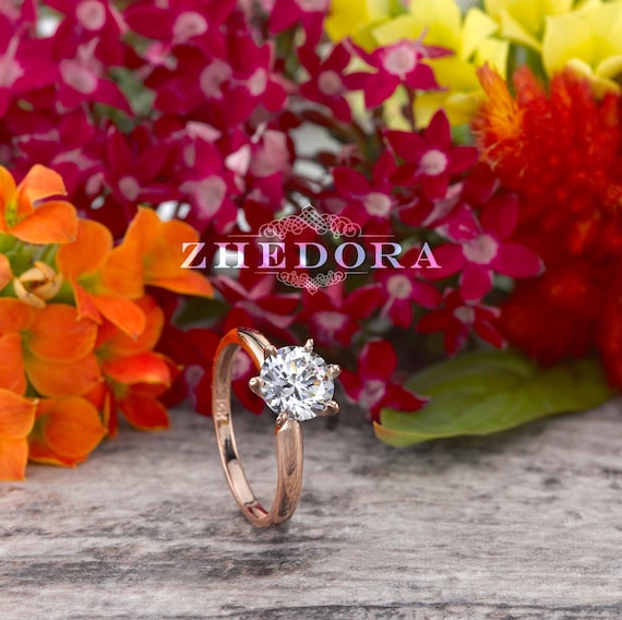 14k Solid Rose Gold Solitaire Engagement Ring, 6 Pront Wedding Rind in Rose Gold, 1.5ct Round Brilliant Cut Center Stone, Moissanite Ring