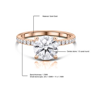 May include: A rose gold engagement ring with a 1.5 carat round center stone and a band of smaller diamonds. The band is 1.7 mm thick and the smaller diamonds are 1.5 mm and 1.1 mm in size. Material: Solid Gold.