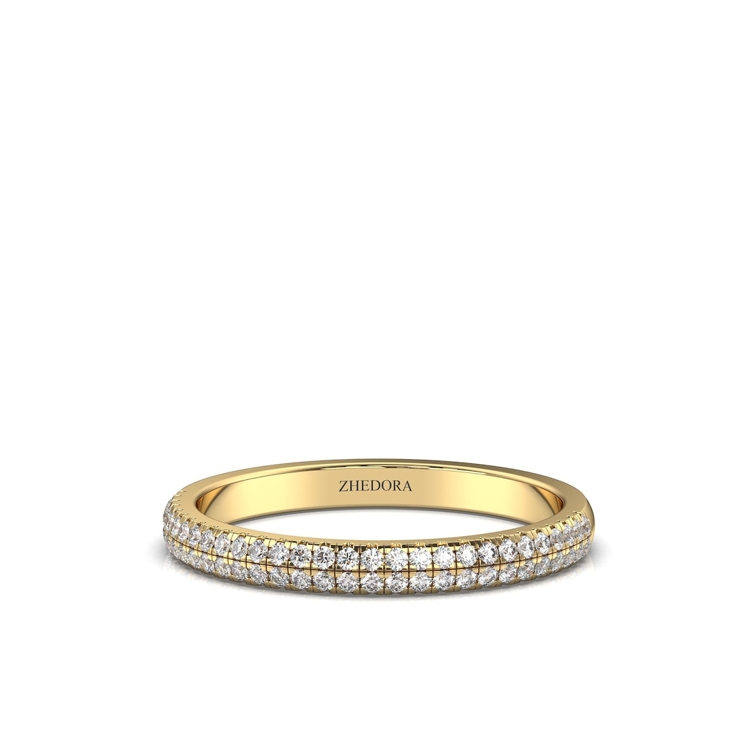 Diamond Wedding Ring Half Eternity / 14k Gold Double Row Micro Pave ...