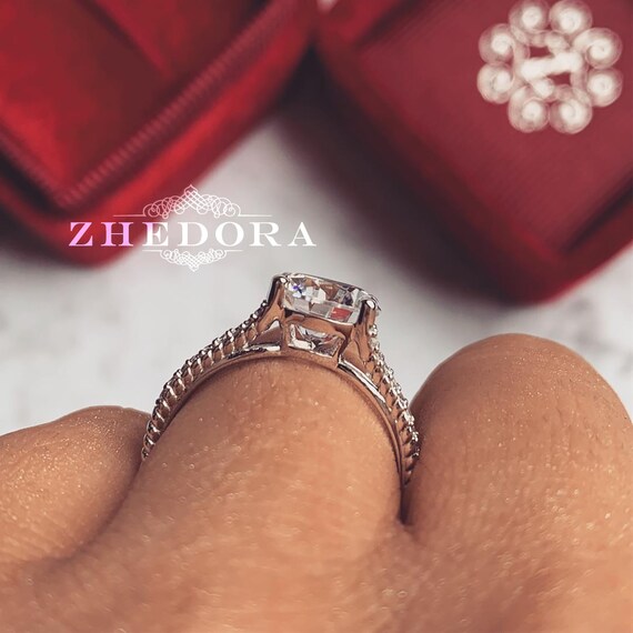 Solid Yellow Gold Split Shank Engagement Ring, Bridal Ring on a