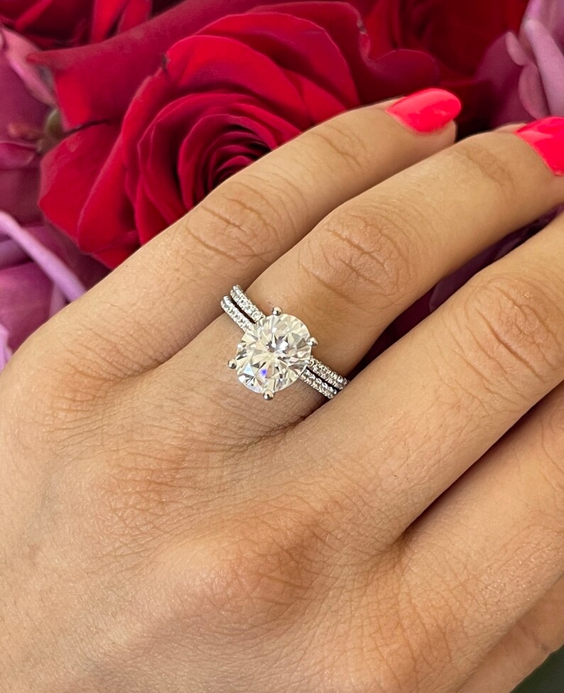 Hidden Halo Oval Engagement Ring Set 14k/18k Rose Gold Etsy