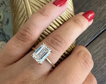 Lab Grown Engagement Ring , E VS1 Emerald Cut Lab Diamond Ring 3 CT , Hidden Halo Ring , IGI Certified