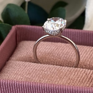 Puede incluir: Un anillo de plata con una gran piedra preciosa ovalada transparente rodeada de piedras preciosas transparentes m&aacute;s peque&ntilde;as. El anillo est&aacute; en una caja de anillo de terciopelo rosa.
