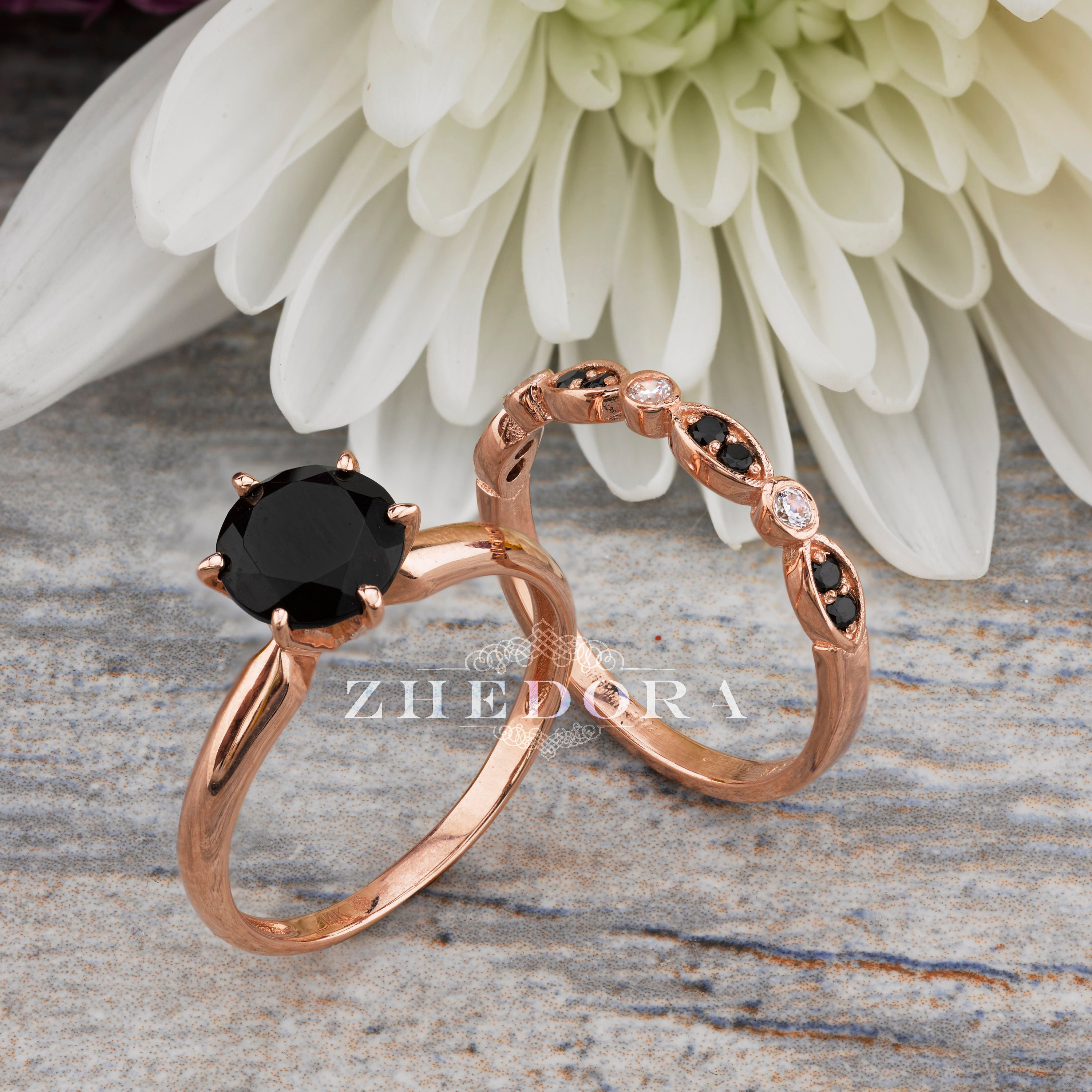 Black Spinel Engagement Ring Set , Rose Gold Wedding Set , Black