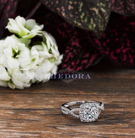 Cushion Cut Engagement Ring in Solid 14k 18k White Gold White Gold Cushion Engagement Ring Forever One Moissanite Halo Cushion Ring