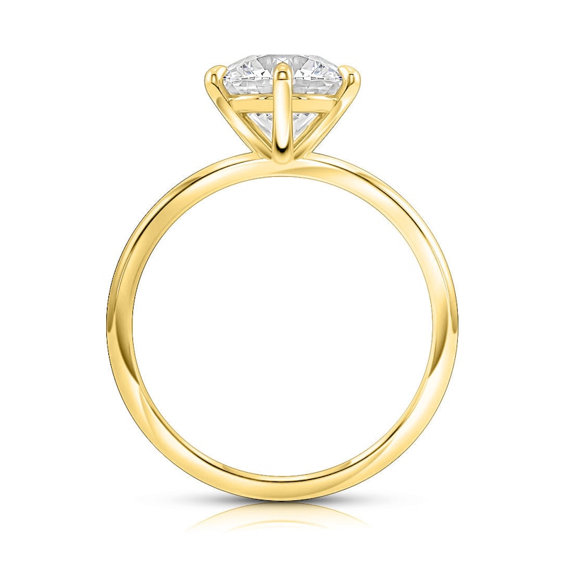May include: A gold solitaire engagement ring with a round brilliant cut diamond.